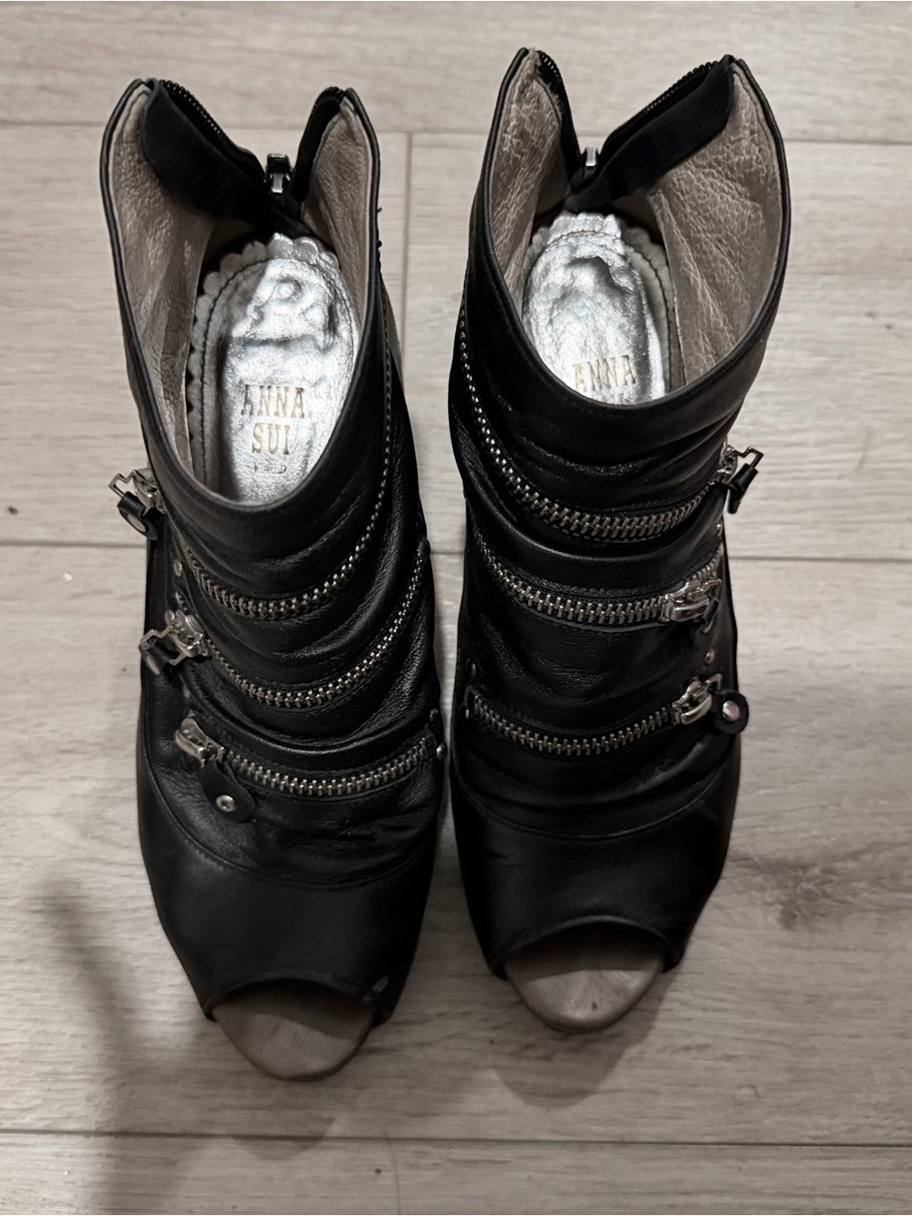 Anna Sui Black Leather Peep-Toe Ankle Booties with Gold Decorative Zippers